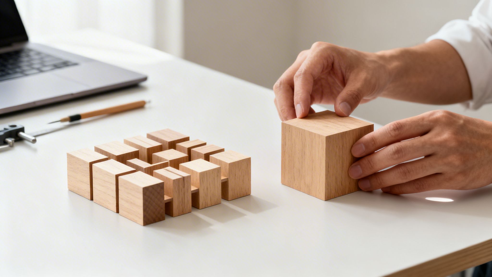 Hände bauen Holzblöcke auf einem Schreibtisch, symbolisieren Planung und Wachstum.