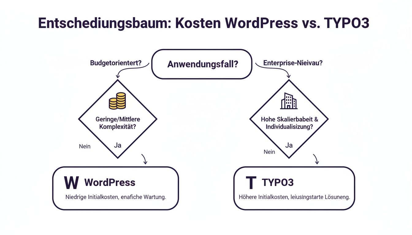 Entscheidungsbaum über die Kosten und Anwendungsfälle von WordPress und TYPO3, basierend auf Budget, Komplexität, Skalierbarkeit und Individualisierung.