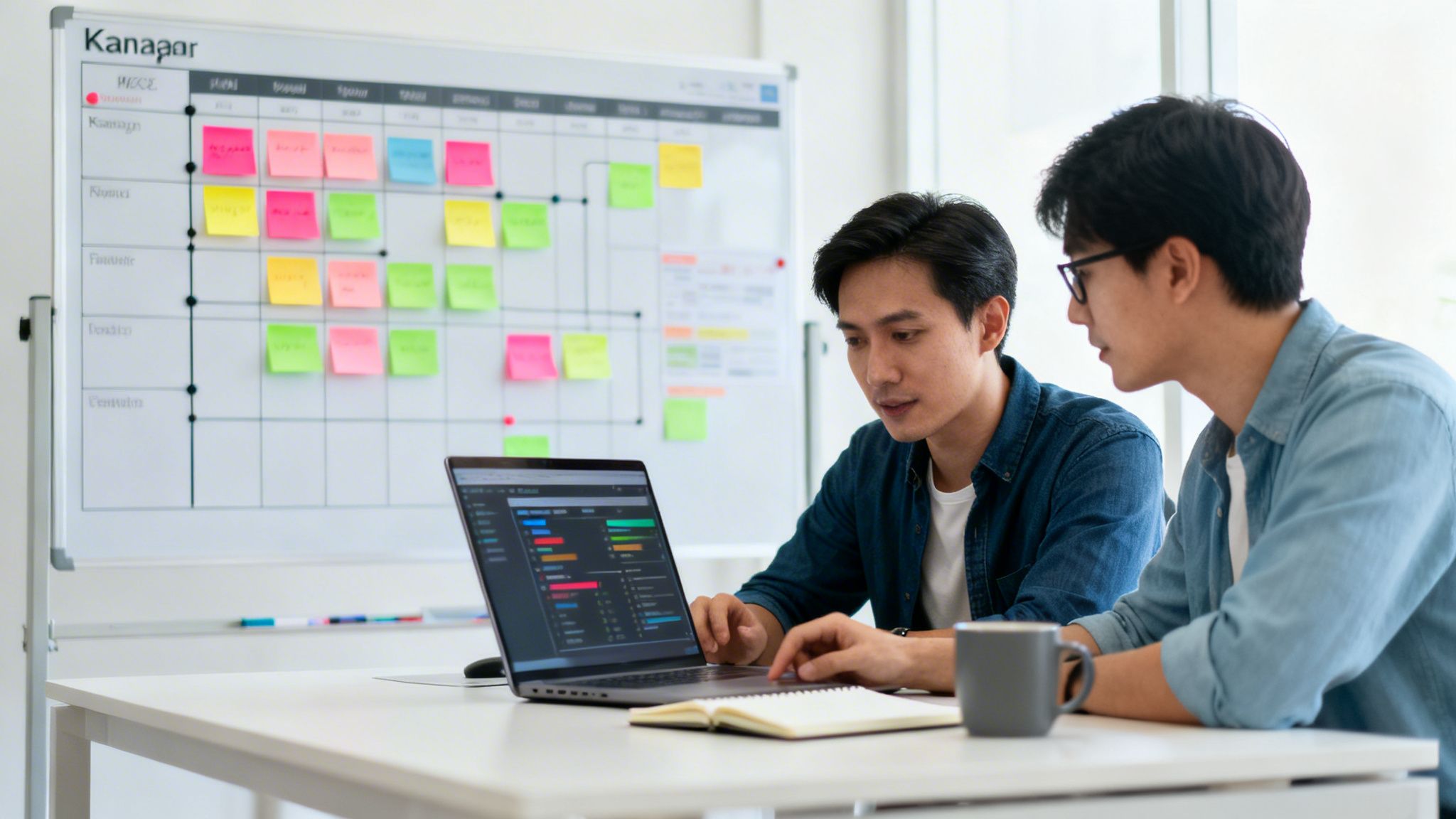 Zwei junge Männer arbeiten an einem Laptop in einem Büro, mit einem Kanban-Board im Hintergrund.