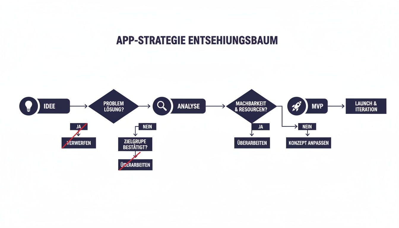 Flussdiagramm der App-Strategieentwicklung, von der Idee über Analyse und Machbarkeit bis zum Launch.