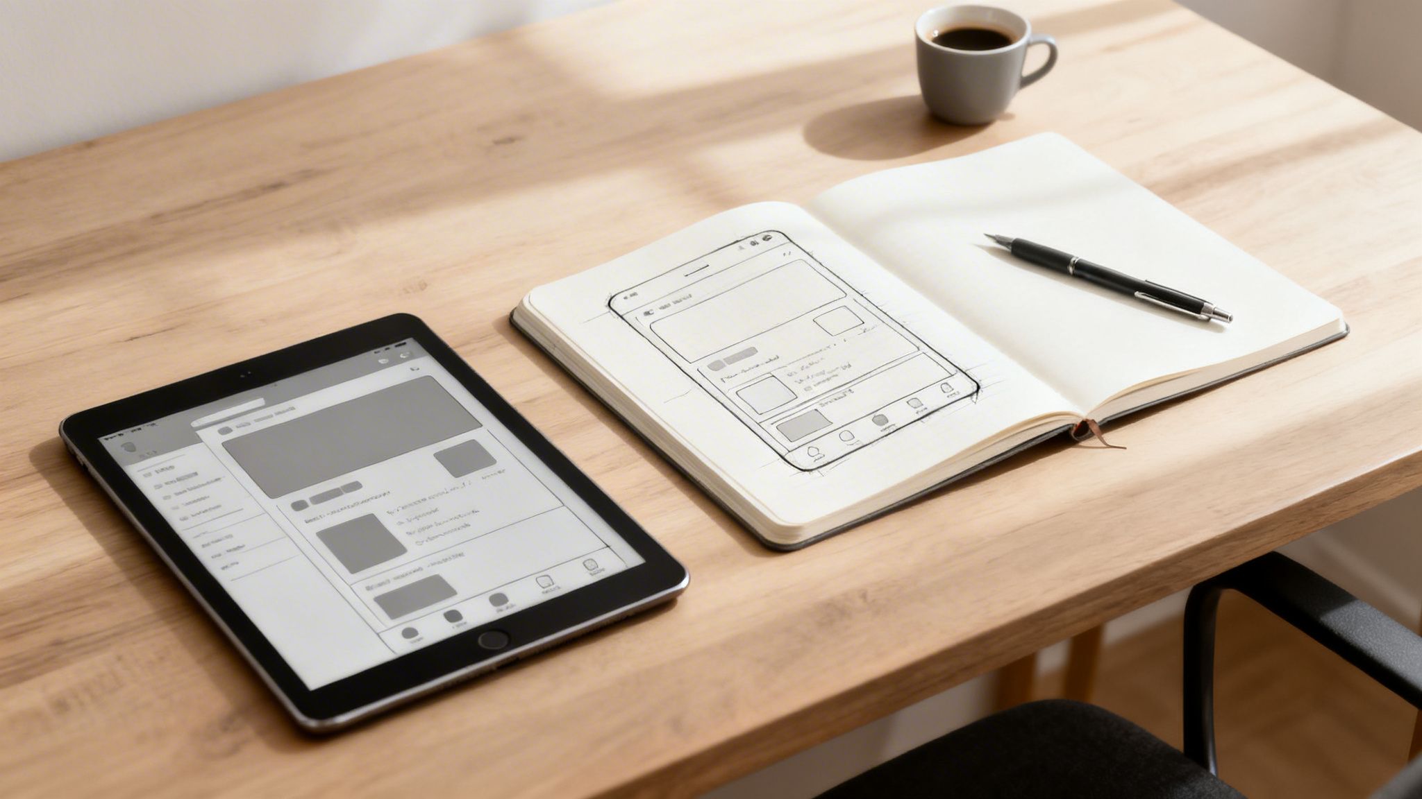 Holztisch mit Tablet und Notizbuch, das App-Wireframes zeigt, dazu Stift und Kaffeetasse.