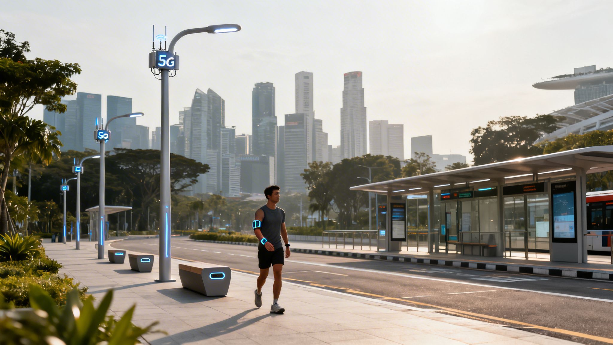 Mann geht auf Bürgersteig in Smart City mit 5G-Straßenlaternen und Hochhäusern im Hintergrund.