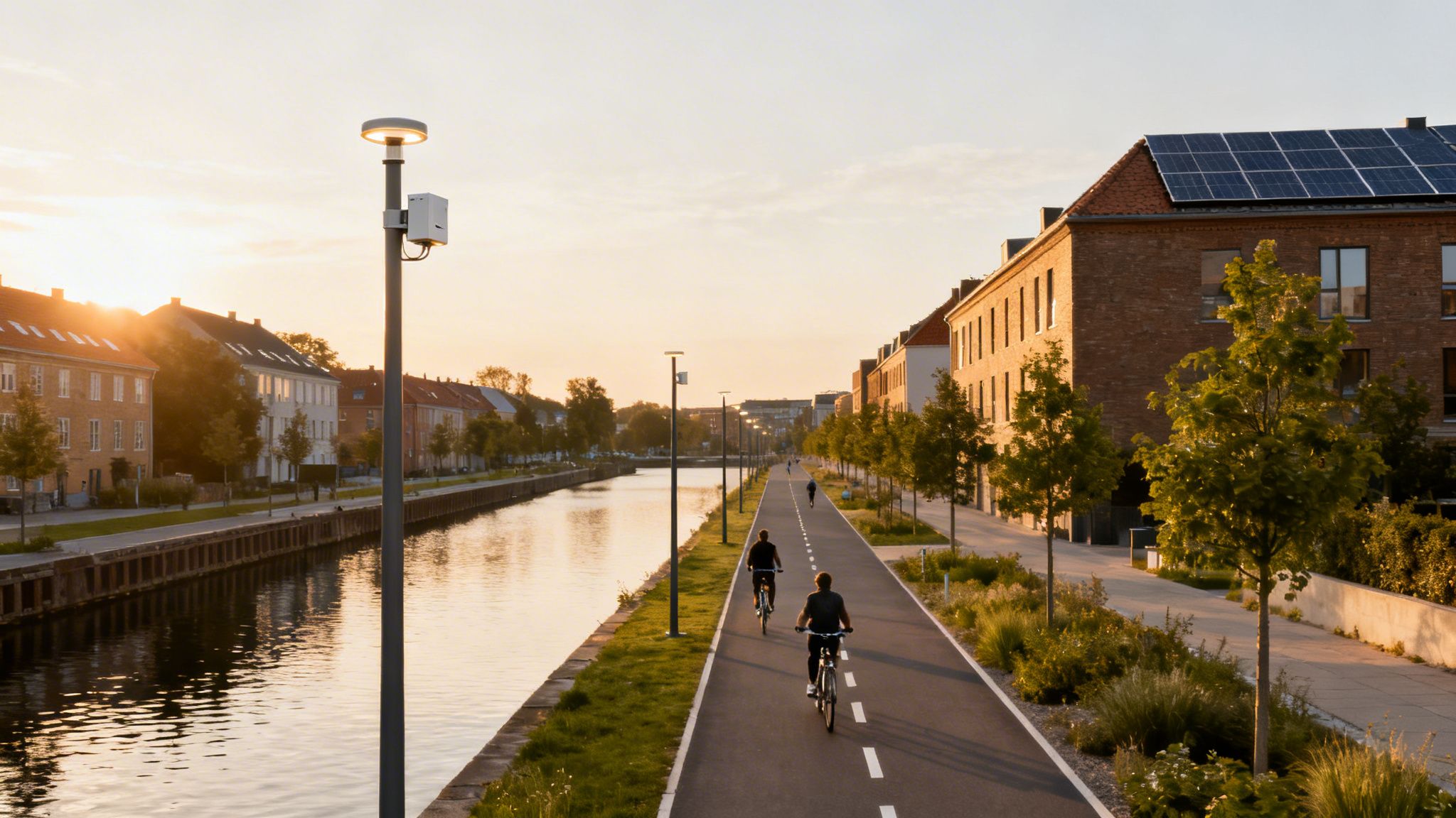 Ein Fahrradweg entlang eines Kanals bei Sonnenuntergang, mit smarten Straßenlaternen und Gebäuden mit Solarpaneelen.