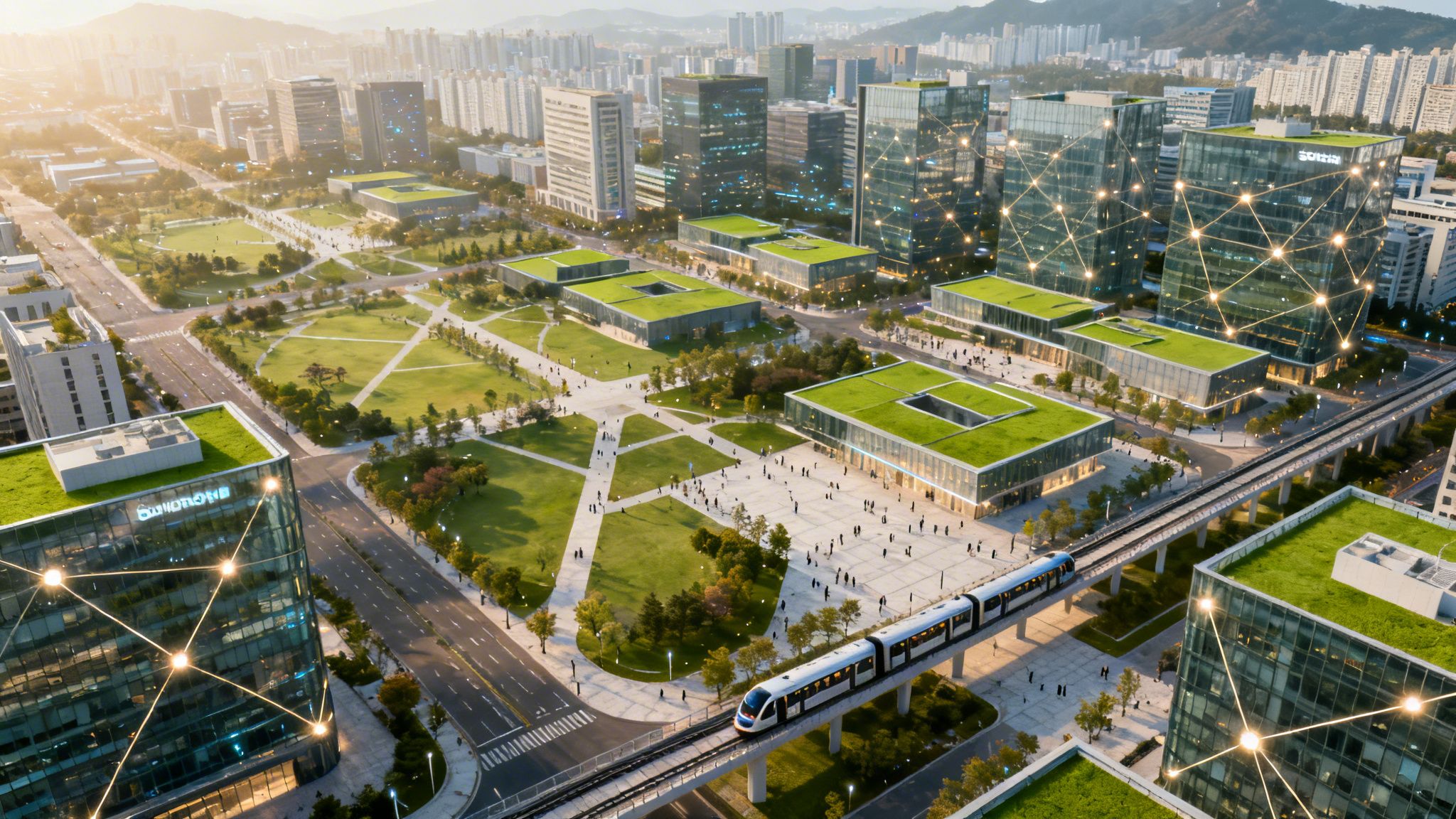 Luftaufnahme einer modernen Smart City mit Hochhäusern, grünen Dächern, Parks und einer Hochbahn bei Sonnenuntergang.