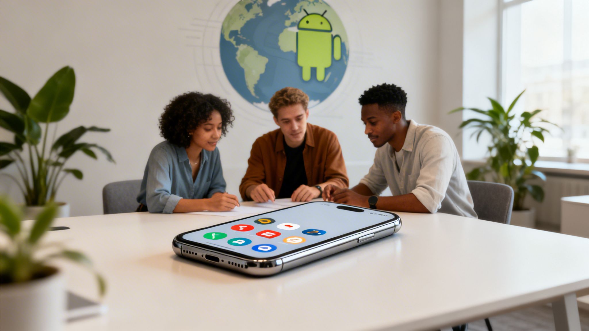 Drei junge Leute arbeiten an einem Tisch, ein Smartphone mit App-Icons liegt im Vordergrund. An der Wand ist das Android-Logo.