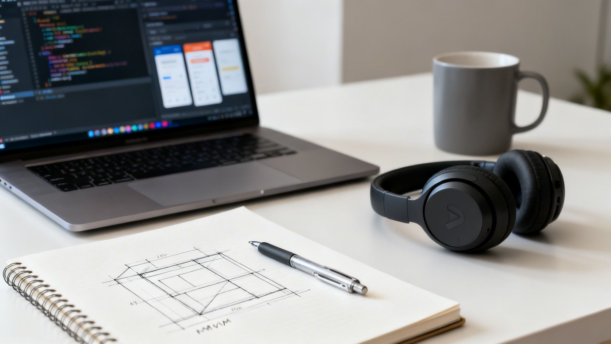 Arbeitsplatz mit Laptop, der Code und App-Designs zeigt, Kopfhörer, Notizbuch mit Skizze und Stift auf einem weißen Schreibtisch.