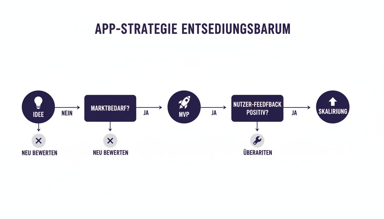 Ein Entscheidungsbaum zur App-Strategie, der den Prozess von der Idee über MVP bis zur Skalierung mit Feedback-Schleifen darstellt.