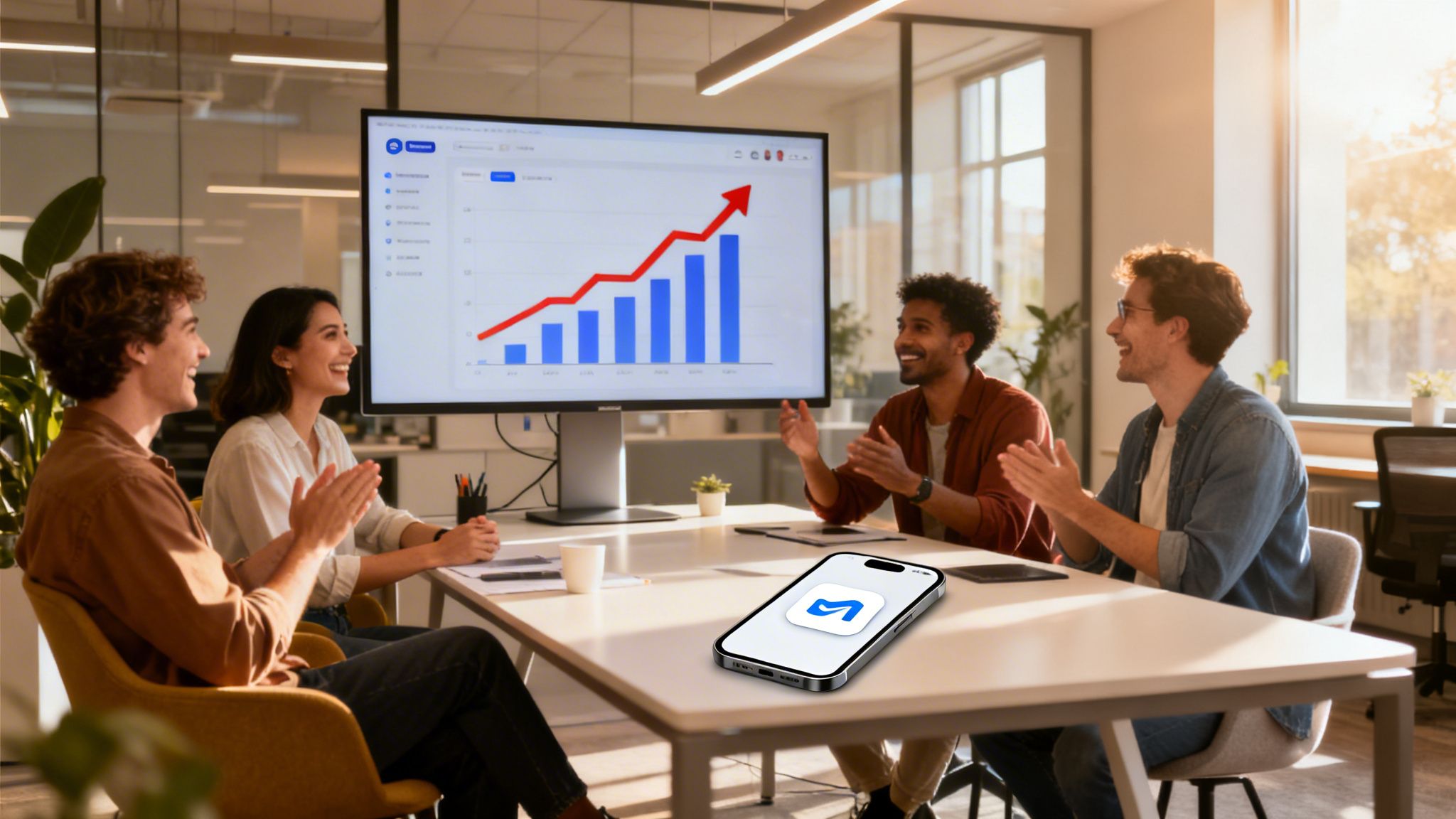 Vier lächelnde Personen klatschen vor einem Bildschirm mit Wachstumsdiagramm. Ein Smartphone liegt auf dem Tisch.
