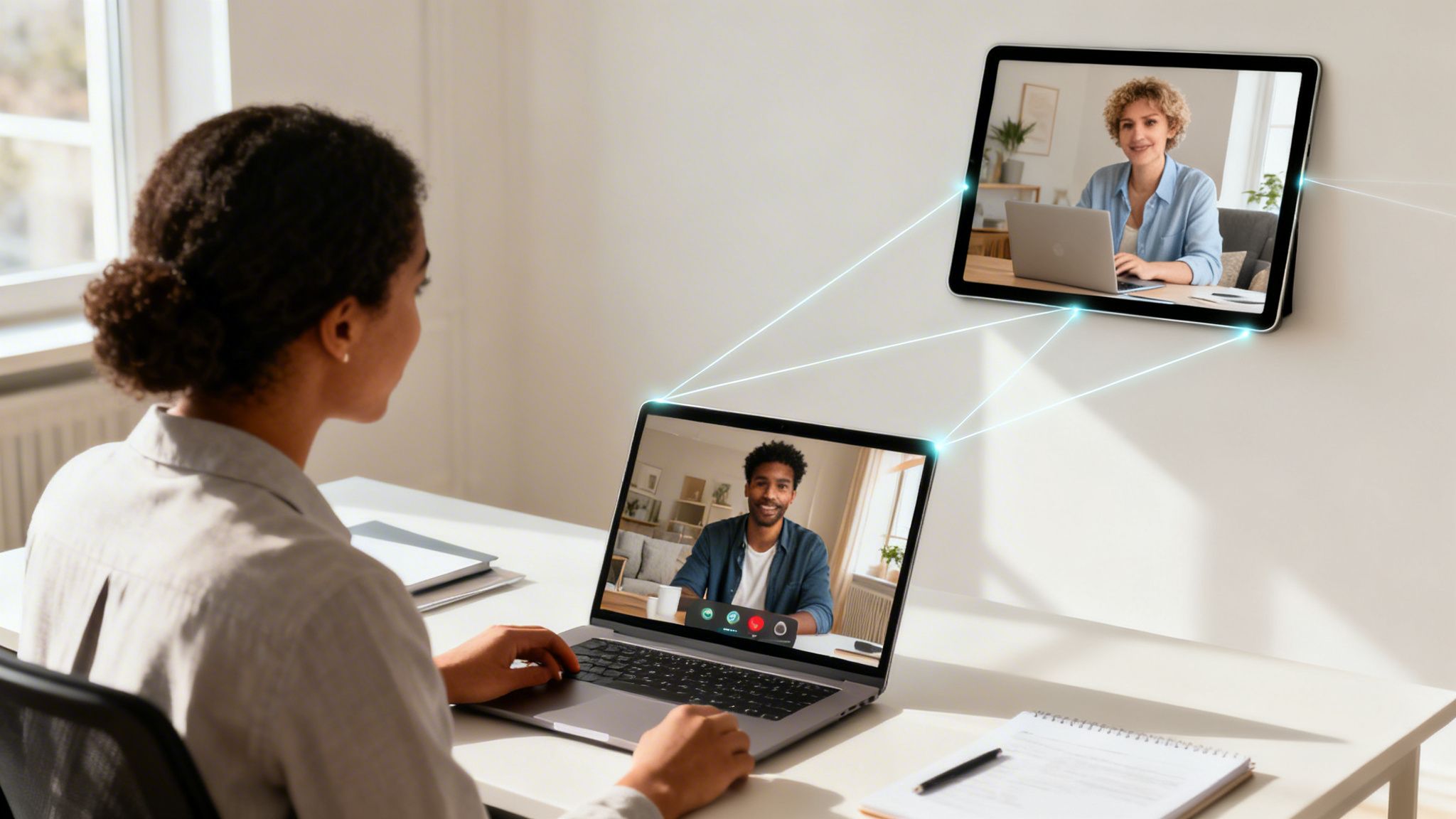 Frau am Schreibtisch in einer Videokonferenz mit einem Mann auf dem Laptop und einer Frau auf einem Wand-Tablet.