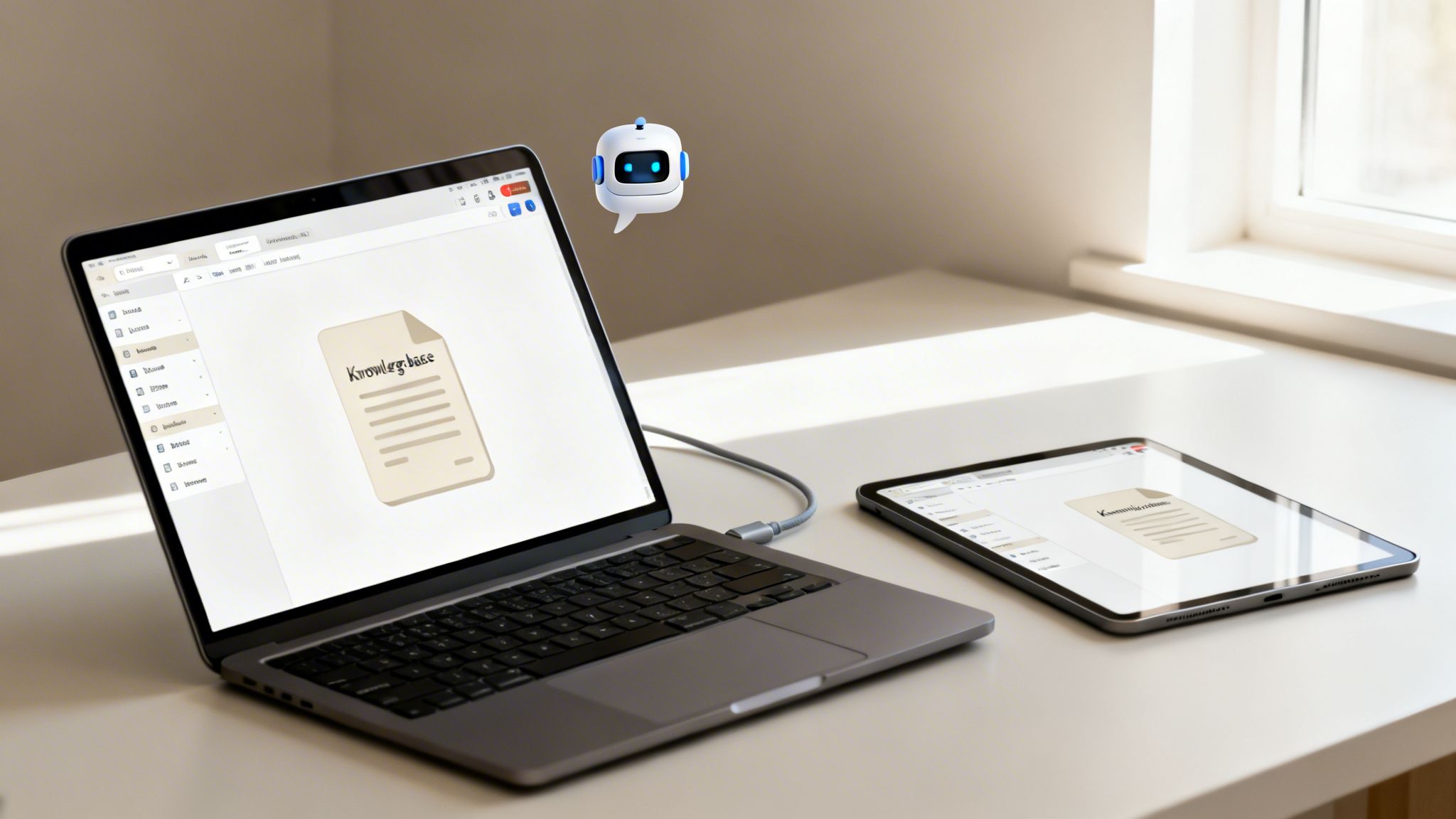 Ein Laptop und ein Tablet zeigen eine Wissensdatenbank. Ein kleiner Chatbot schwebt darüber.