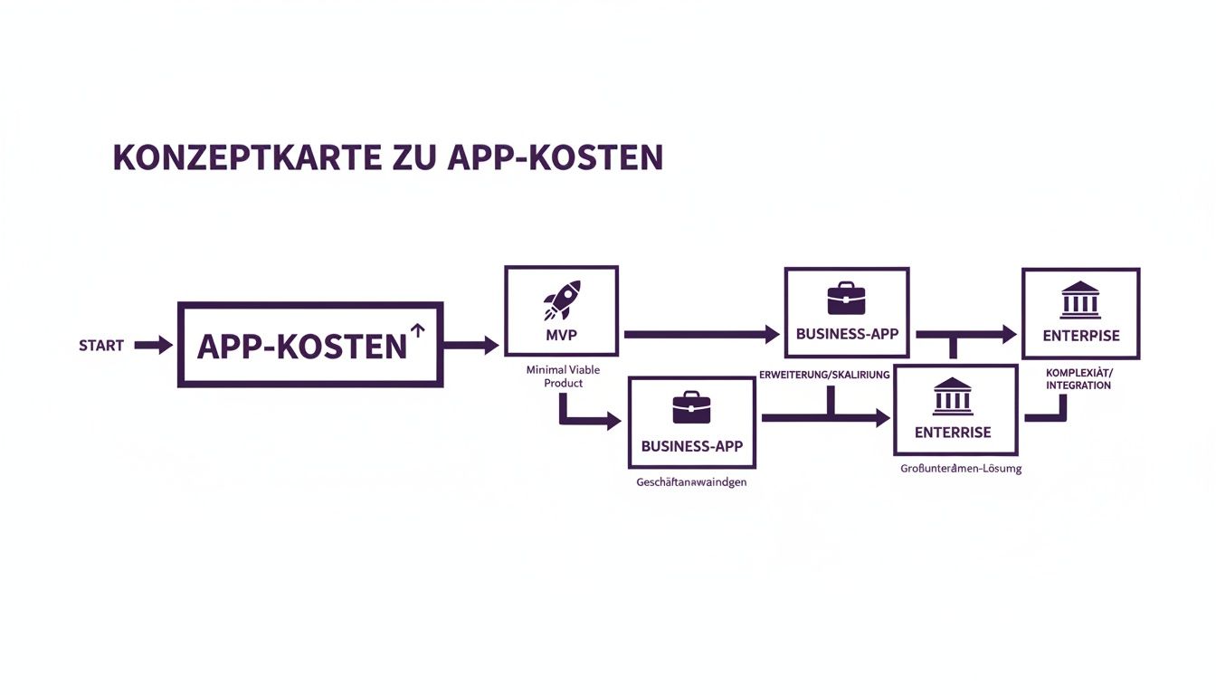 Konzeptkarte zu App-Kosten, die den Lebenszyklus von MVP, Business-App bis zur Enterprise-Lösung darstellt.