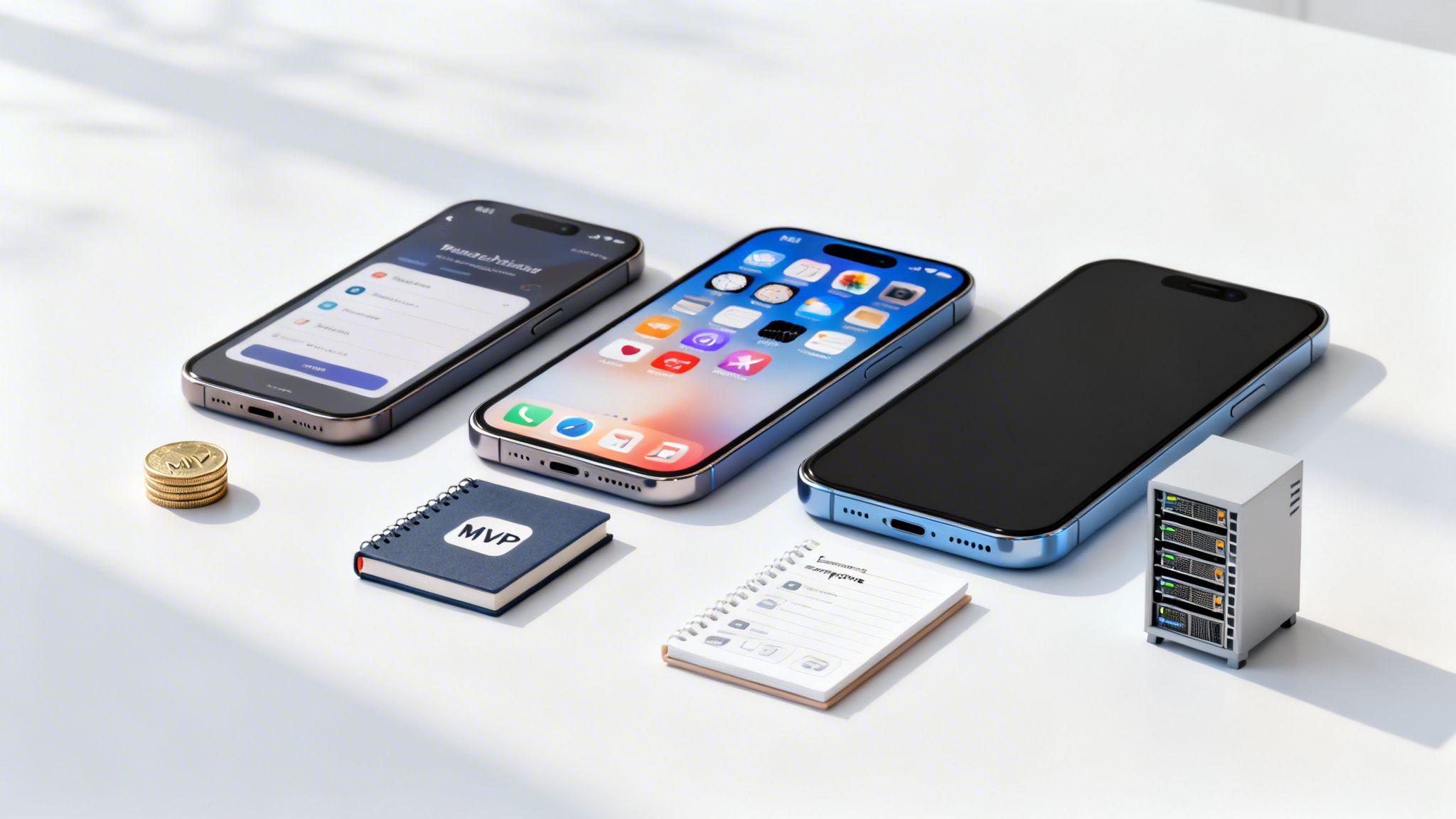 Drei Smartphones, Notizbücher, Münzen und ein Server auf einem weißen Tisch, die App-Entwicklungskosten symbolisieren.