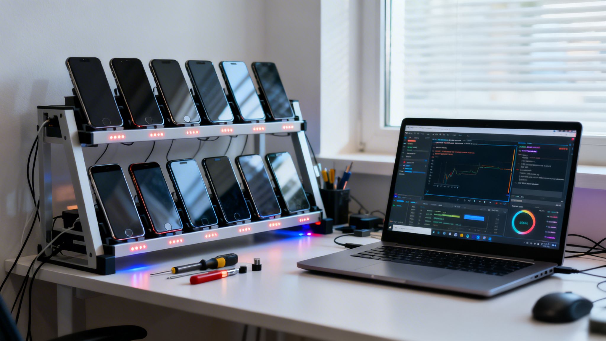 Eine Hand hält ein Smartphone, das ein Qualitätssicherungs-Dashboard anzeigt, vor einem verschwommenen Hintergrund mit Code auf einem Monitor.