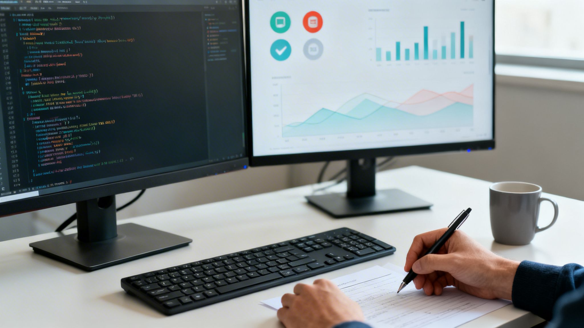 Nahaufnahme eines Arbeitsplatzes mit zwei Bildschirmen, auf denen Code und Datenvisualisierungen zu sehen sind, während eine Person schreibt.