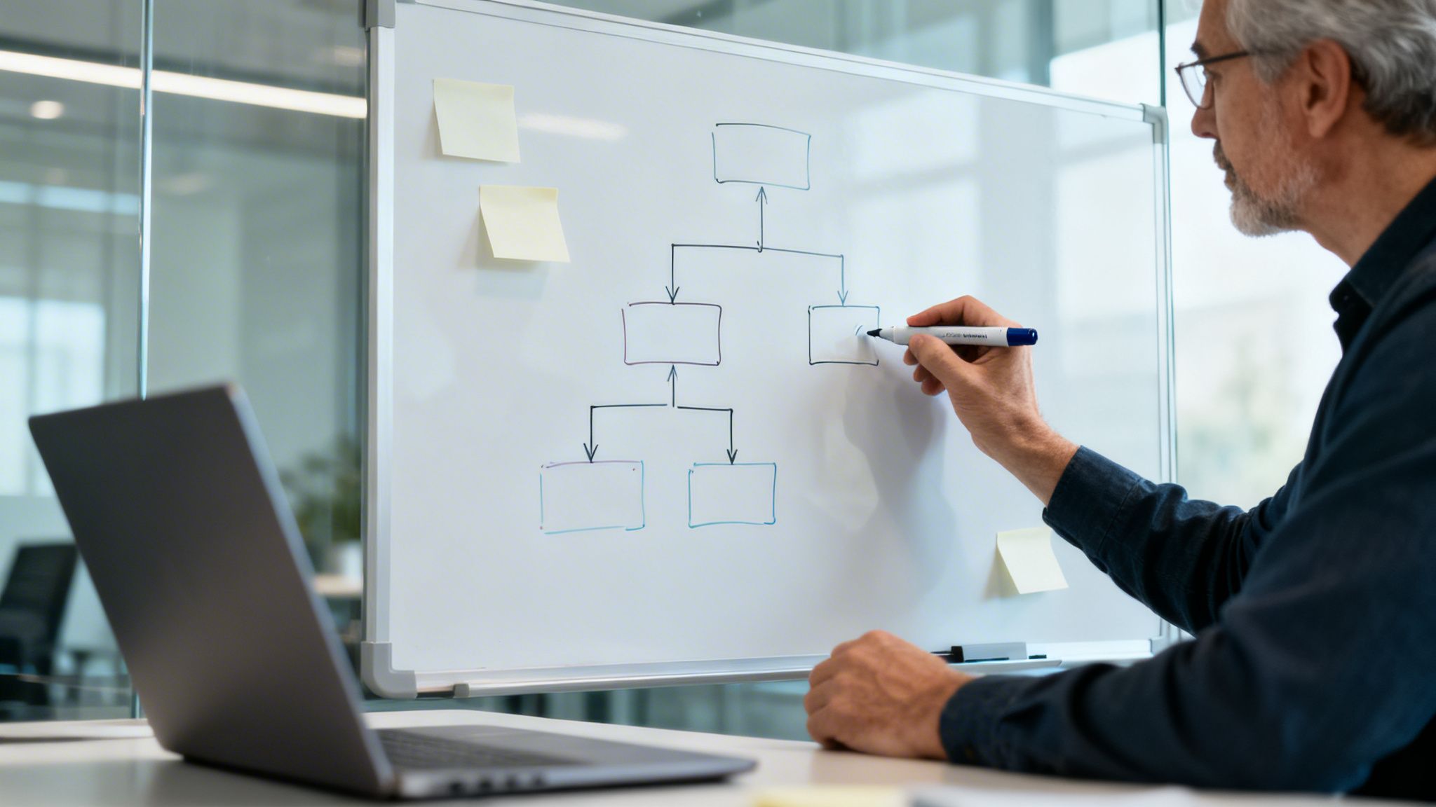 Ein Mann zeichnet ein Flussdiagramm auf einer weißen Tafel in einem modernen Büro mit einem Laptop.