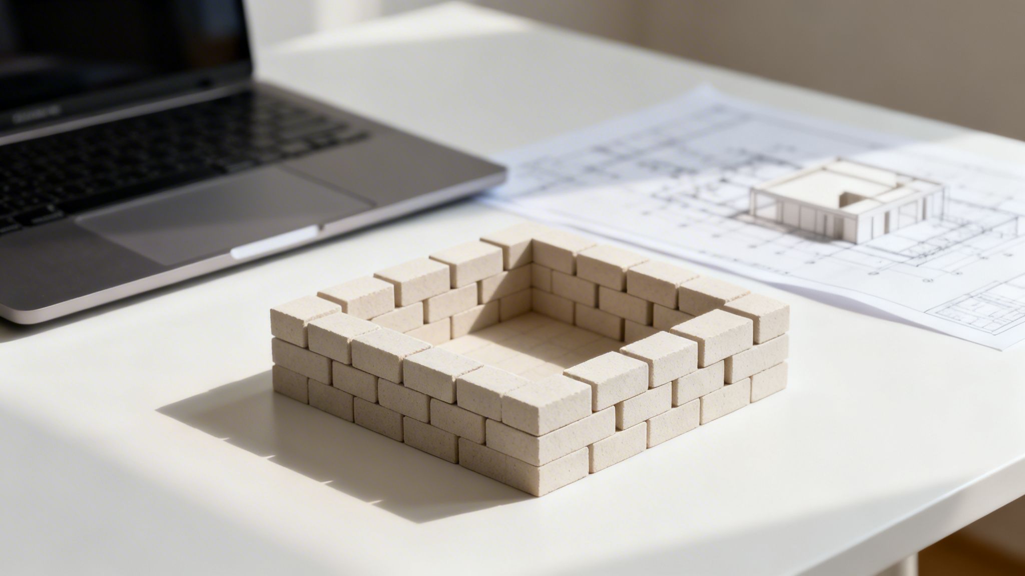 Schreibtisch mit Laptop, Bauplänen, einem Hausmodell und einer Miniaturziegelmauer, symbolisiert architektonische Planung.