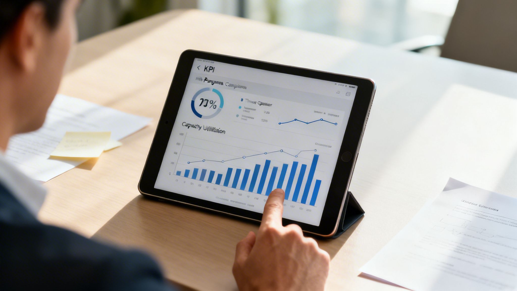 Eine Person betrachtet auf einem Tablet Diagramme und Daten zur KPI-Leistung und Kapazitätsauslastung.