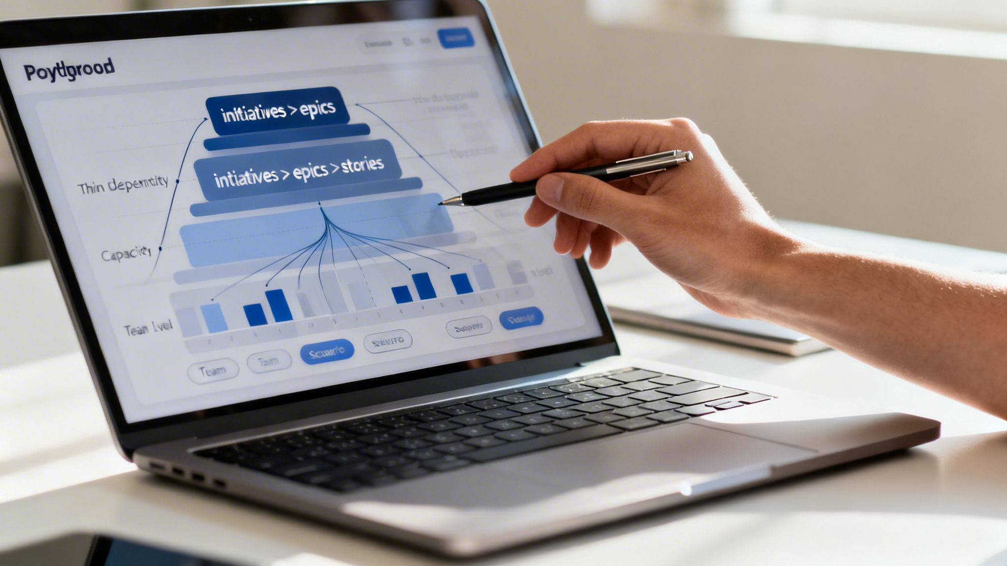 Eine Person zeigt mit einem Stift auf einen Laptopbildschirm, der eine agile Roadmap-Hierarchie anzeigt.