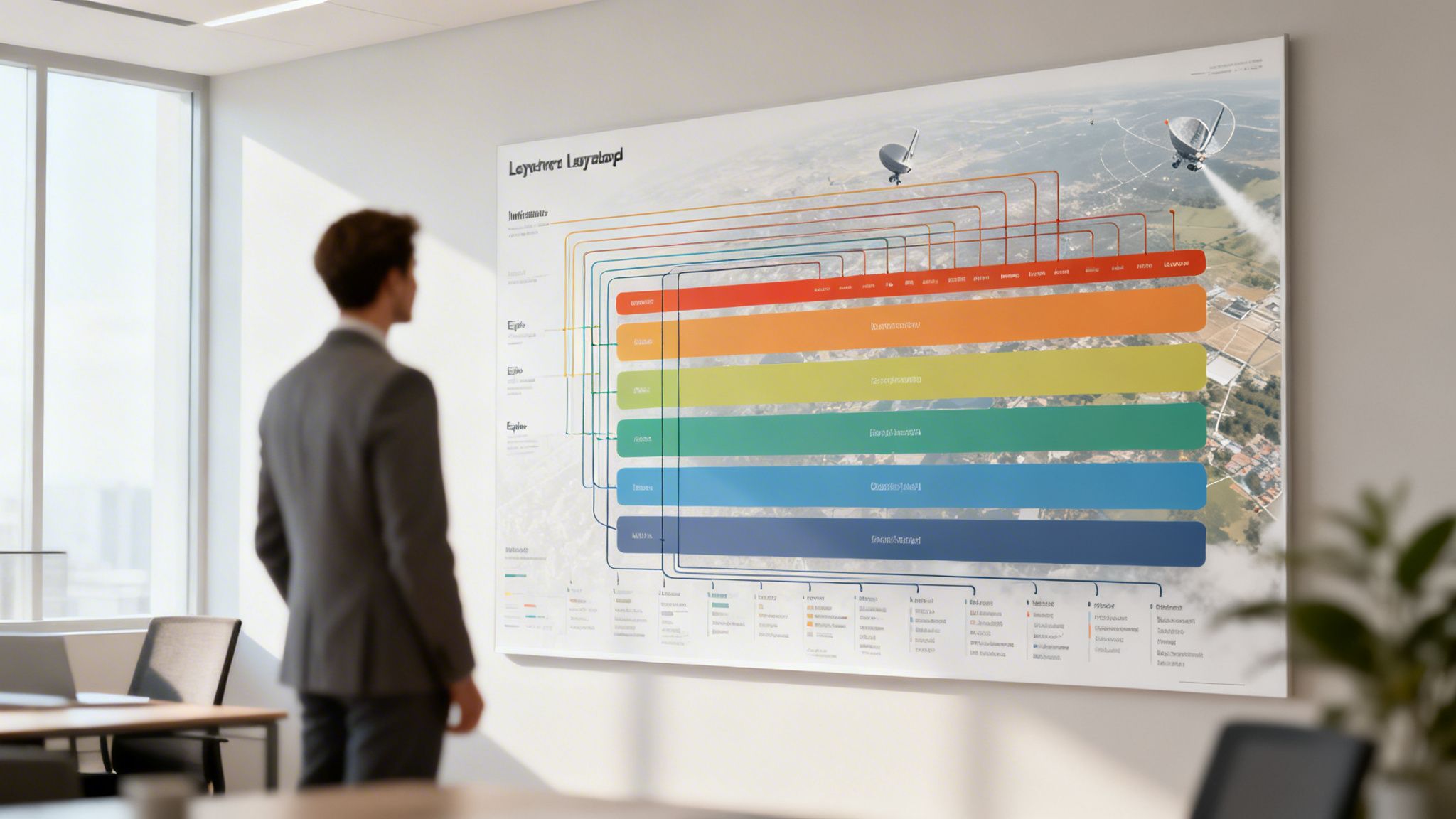 Ein Mann im Anzug betrachtet ein großes, komplexes Diagramm auf einem Bildschirm in einem modernen Büro.