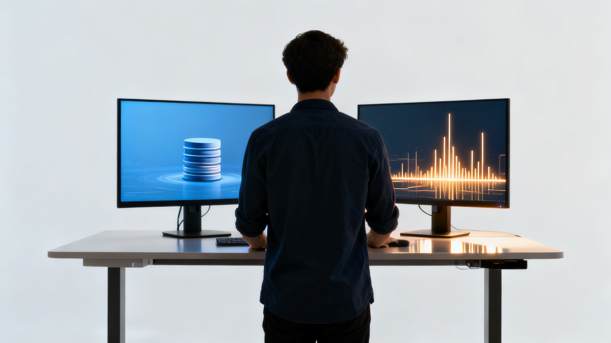 Ein Mann steht vor zwei Monitoren, die Datenbank- und Datenanalyse-Visualisierungen zeigen.