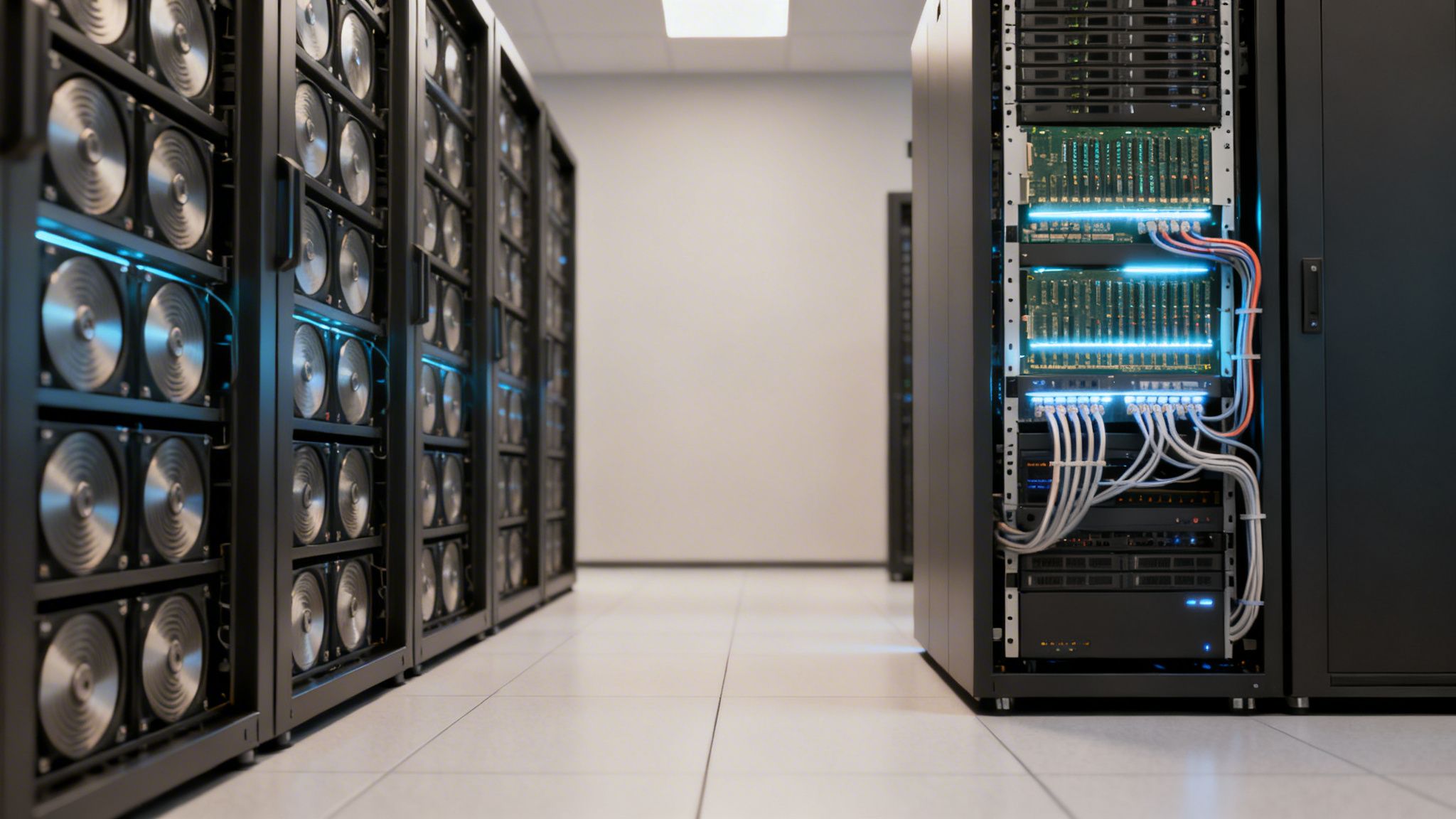 Ein moderner Serverraum mit zahlreichen schwarzen Racks, blauen Lichtern und Verkabelung, bereit für Datenverarbeitung.