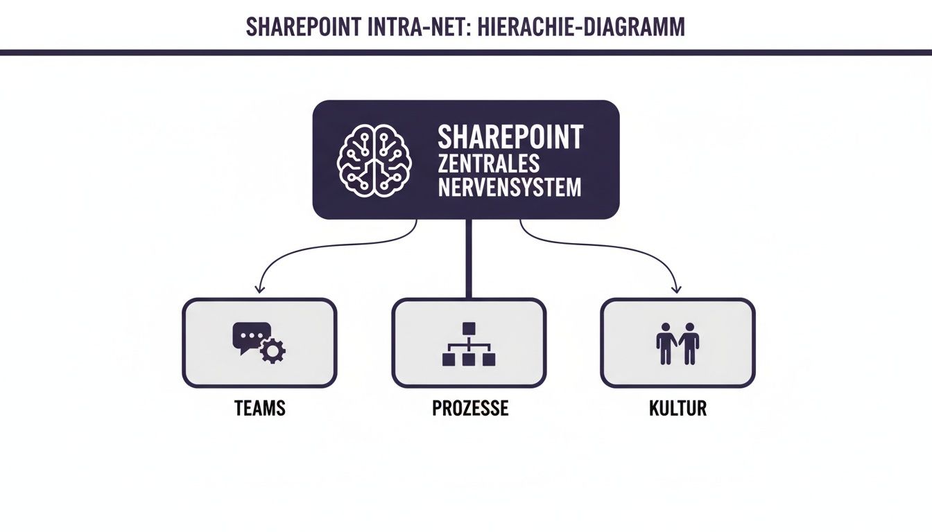Hierarchiediagramm des SharePoint Intranets, das SharePoint als zentrales Nervensystem für Teams, Prozesse und Kultur darstellt.