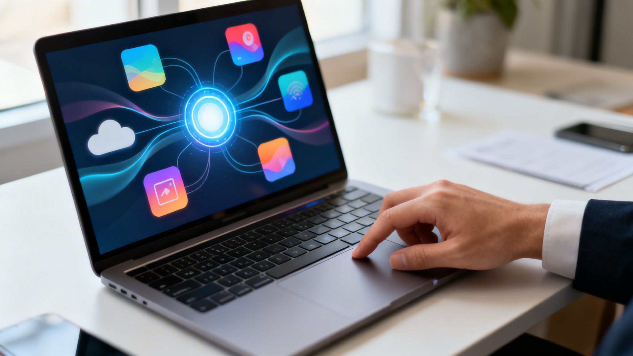 Mann nutzt Laptop mit digitaler Schnittstelle, die Cloud-Speicher und App-Verbindungen darstellt.