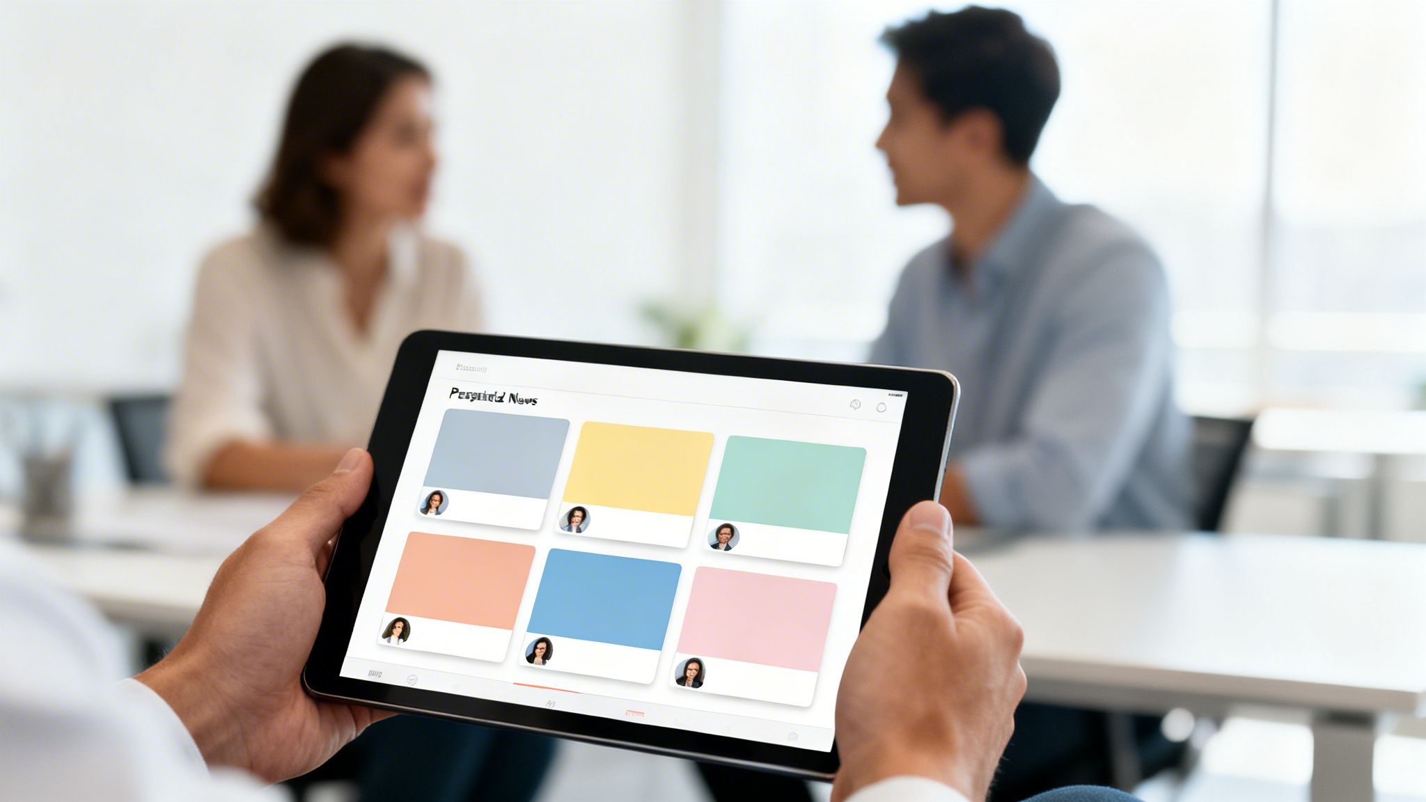 Person hält Tablet mit personalisierten Nachrichten im Büro. Im Hintergrund sitzen zwei Personen und unterhalten sich.