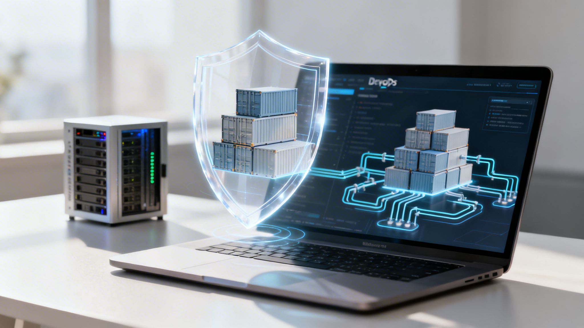 Laptop zeigt DevOps-Sicherheitskonzept mit Containern, Schutzschild und Server-Rack auf einem Schreibtisch.