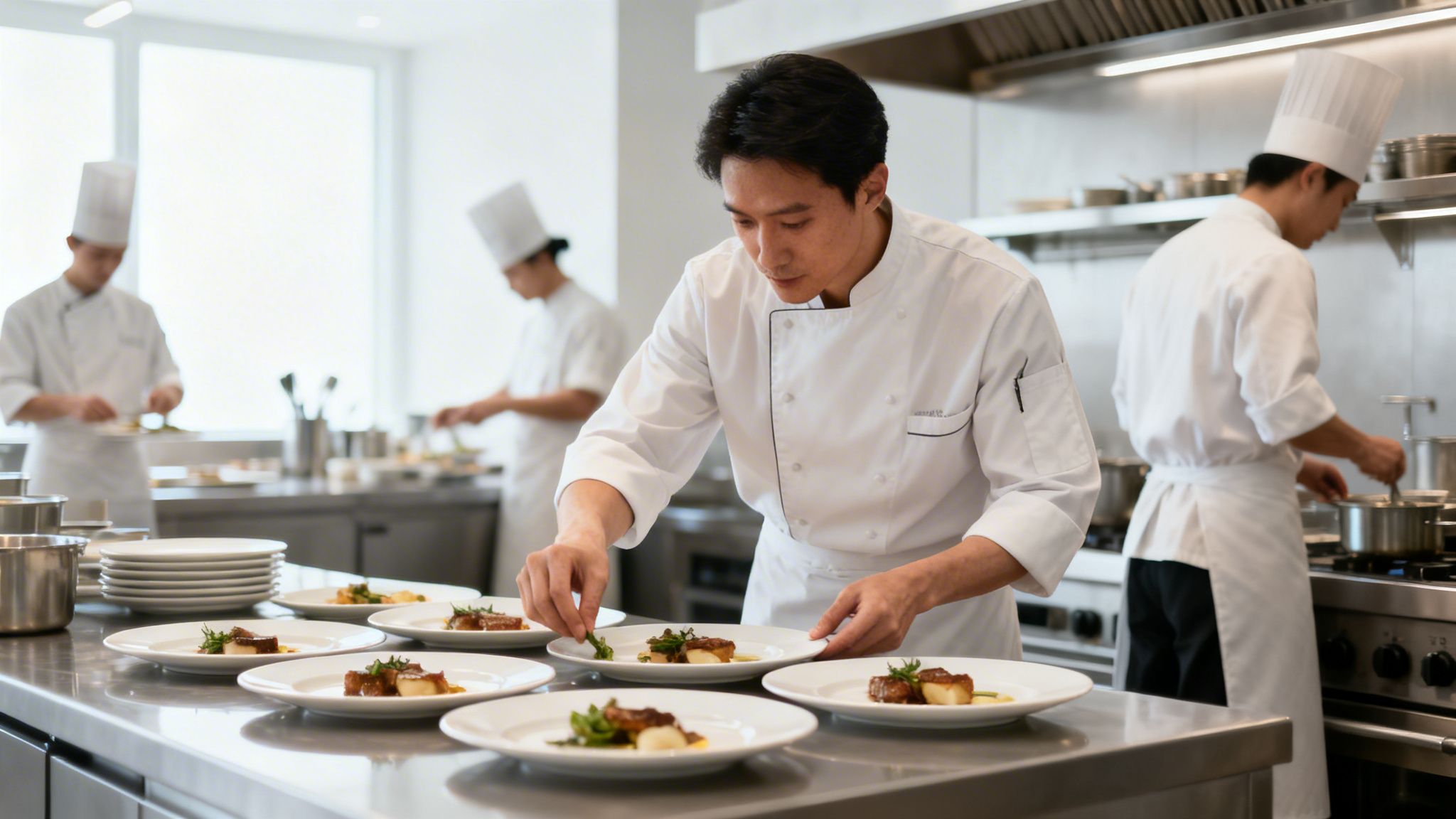 Mehrere Köche in einer professionellen Küche bereiten elegante Gerichte für den Service zu.