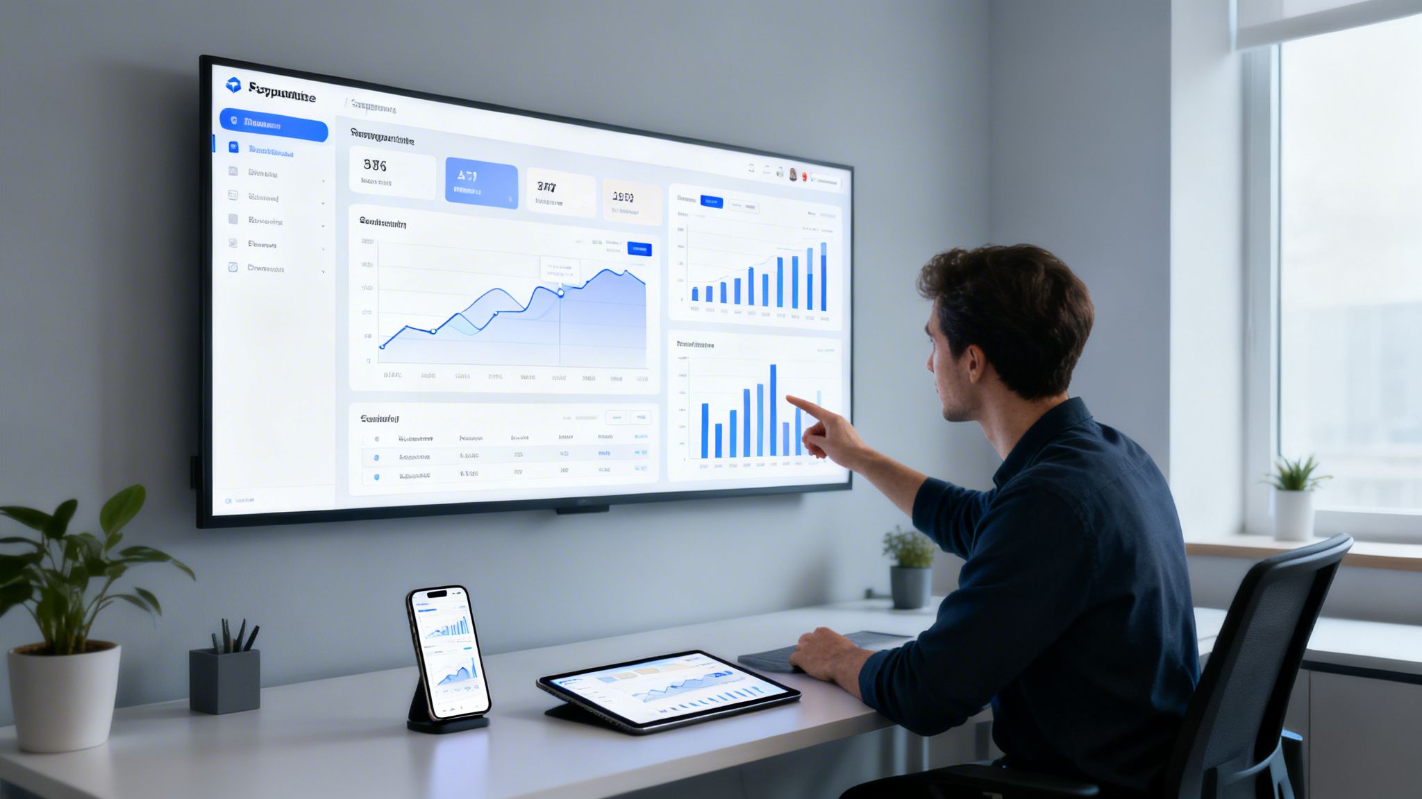 Ein Mann analysiert Daten auf einem großen Bildschirm, Tablet und Smartphone in einem modernen Büro.