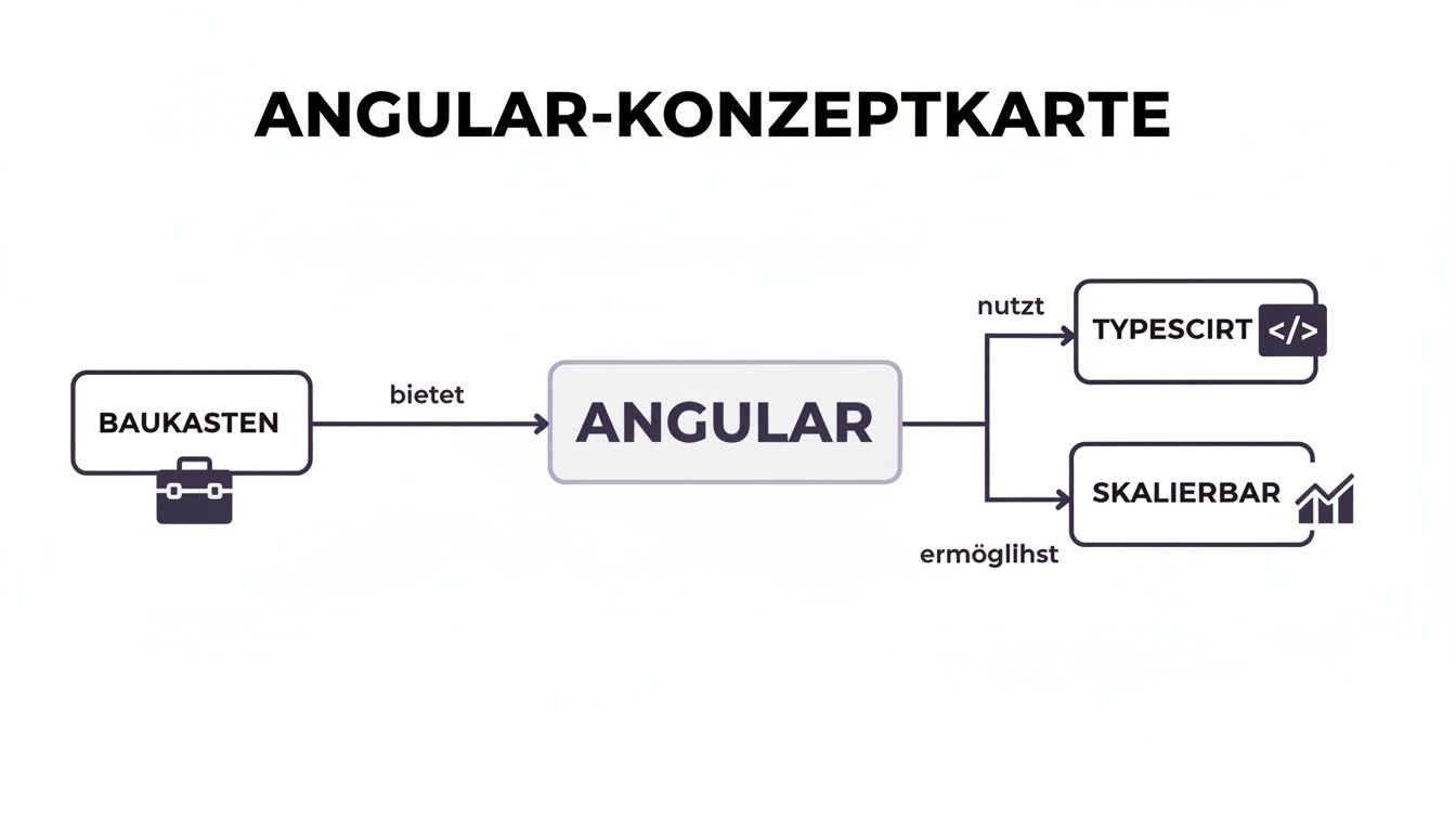 Konzeptkarte zu Angular, die zeigt, dass es ein Baukasten ist, Typescript nutzt und Skalierbarkeit ermöglicht.