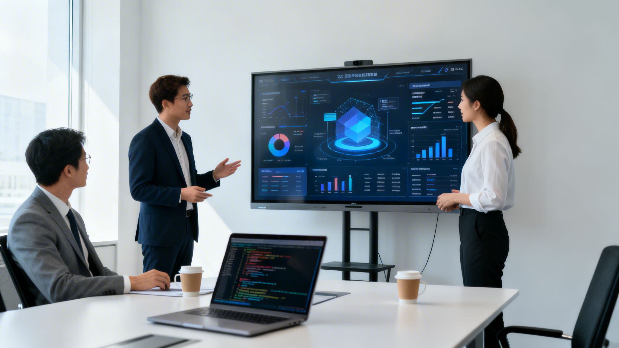 Geschäftstreffen mit drei Personen. Zwei Moderatoren erklären einem Teilnehmer Datenvisualisierungen auf einem großen Bildschirm.