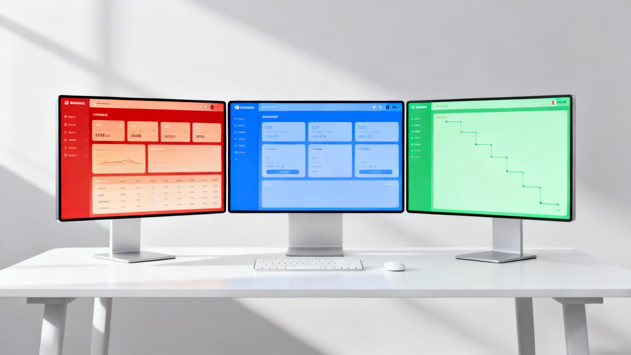 Drei Monitore auf einem weißen Schreibtisch mit Daten-Dashboards in Rot, Blau und Grün, dazu Tastatur und Maus.