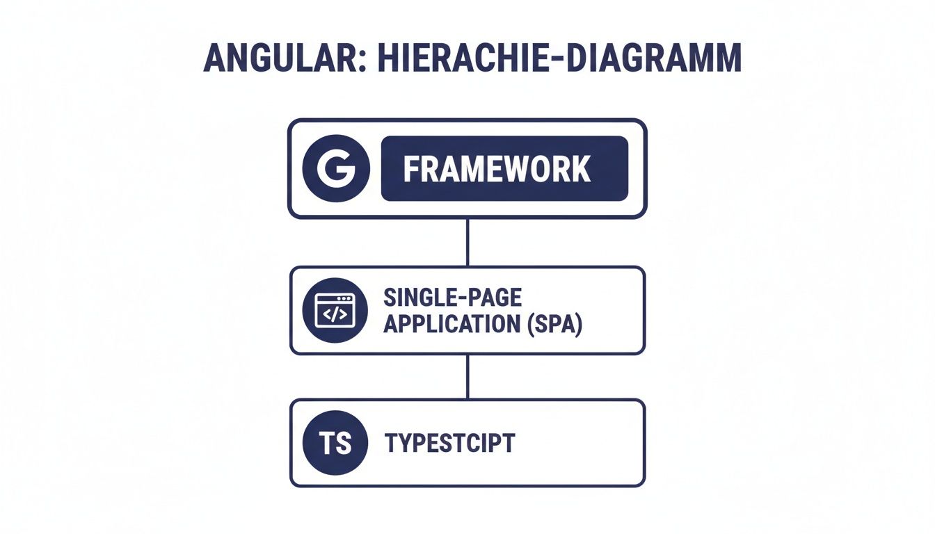 Hierarchiediagramm, das Angular als Framework, Single-Page Application (SPA) und TypeScript mit zugehörigen Symbolen darstellt.