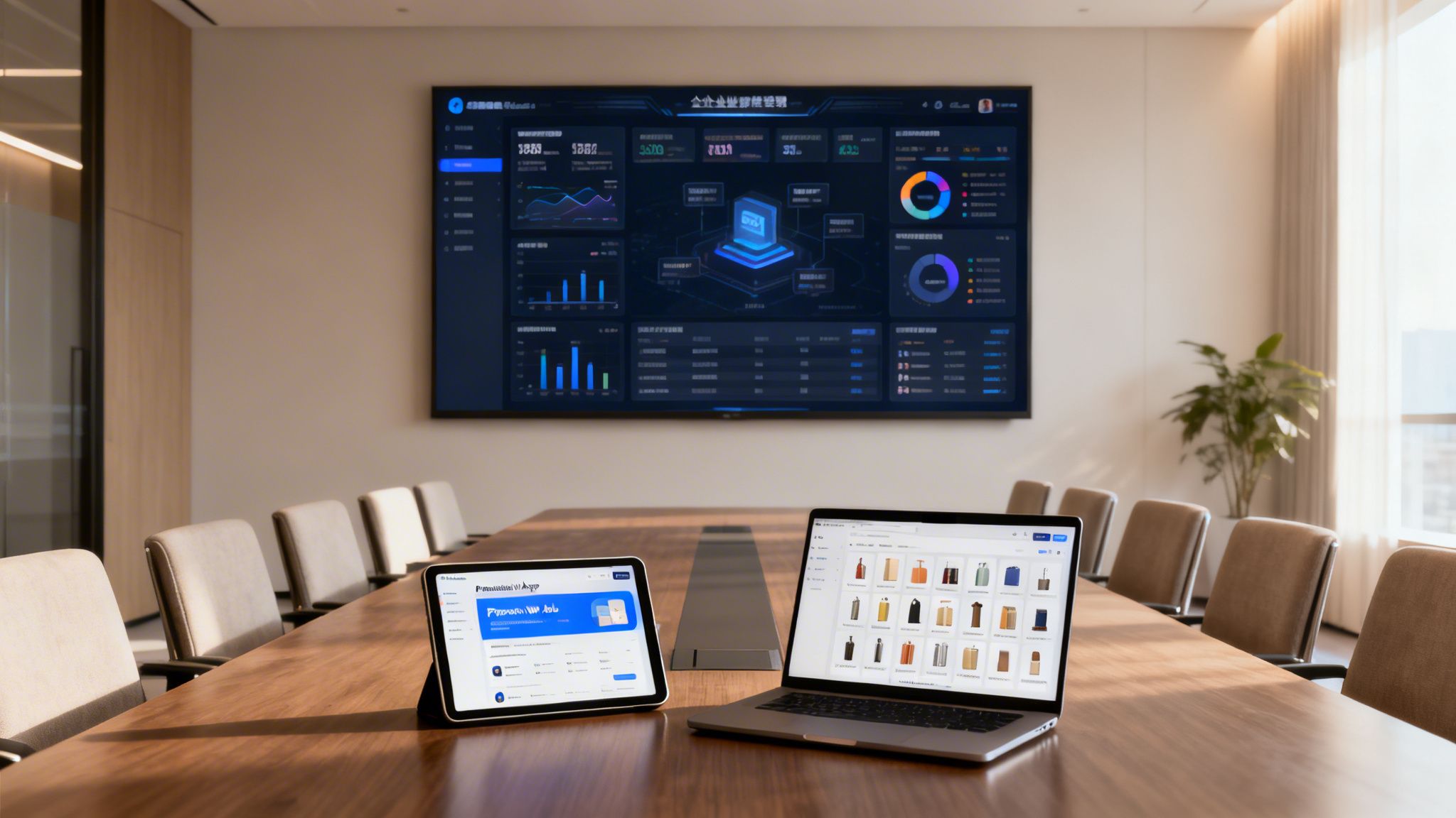 Konferenzraum mit großem Bildschirm, Tablet und Laptop auf einem Holztisch. Bildschirme zeigen Geschäftsdaten und Anwendungen.