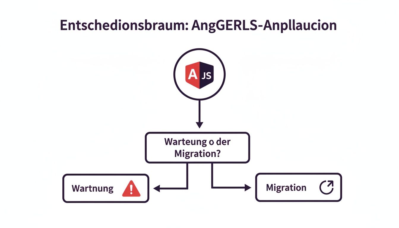Entscheidungsbaum für AngularJS-Anwendungen: Wartung mit Warnsymbol oder Migration mit Aktualisierungssymbol als Optionen.