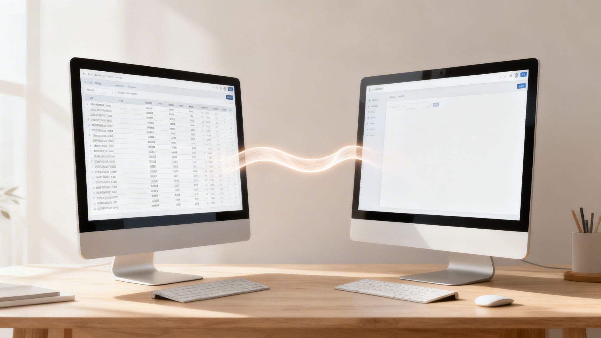 Zwei Monitore auf einem Holztisch, verbunden durch eine orangefarbene Lichtlinie, die Datenaustausch symbolisiert.