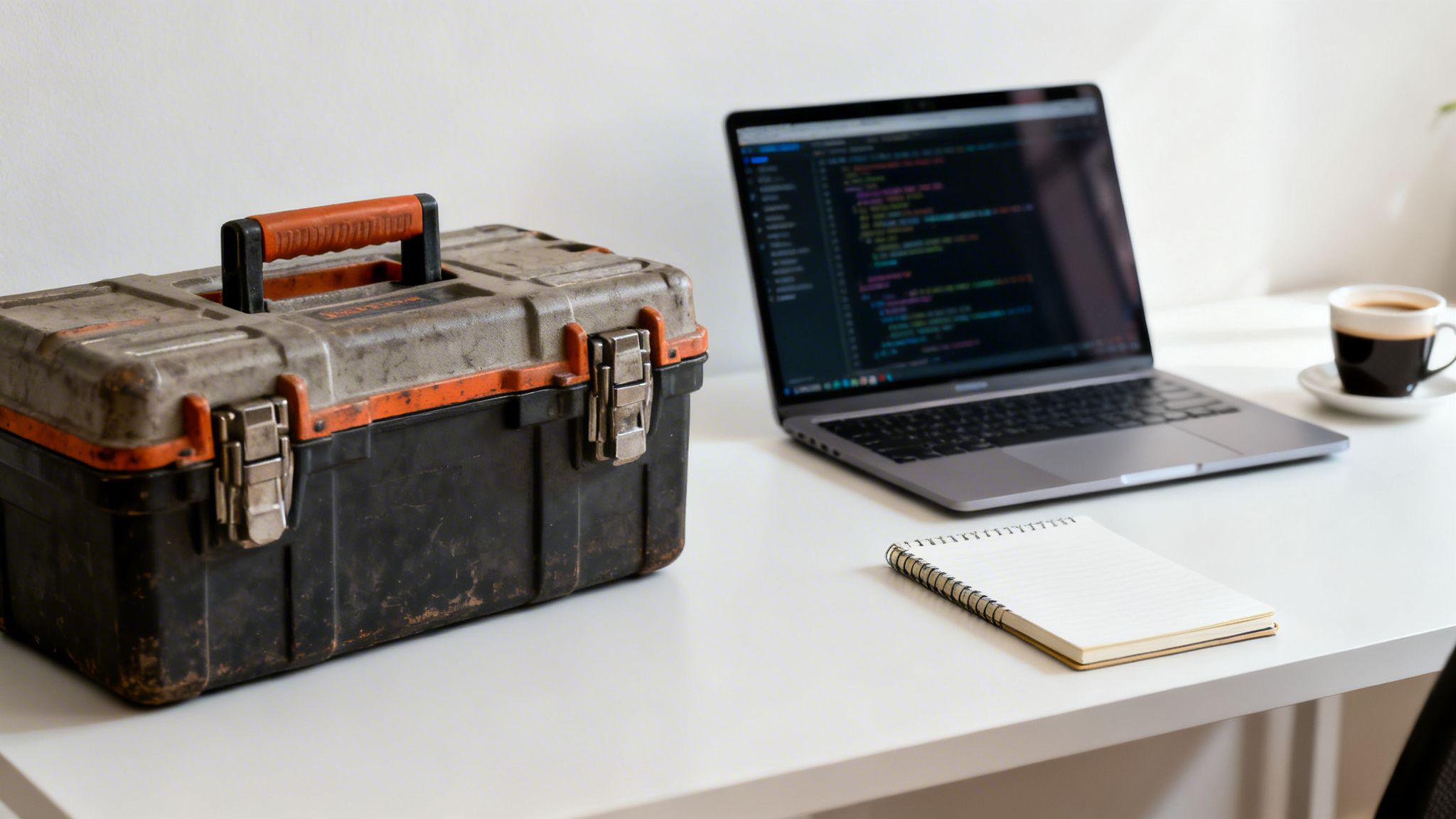 Eine alte Werkzeugkiste steht neben einem Laptop mit Code, einem Notizbuch und einer Kaffeetasse auf einem weißen Schreibtisch.