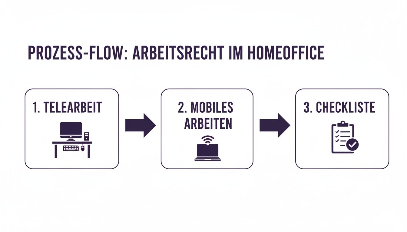 Prozess-Flow zum Arbeitsrecht im Homeoffice: Schritte für Telearbeit, mobiles Arbeiten und Checkliste.
