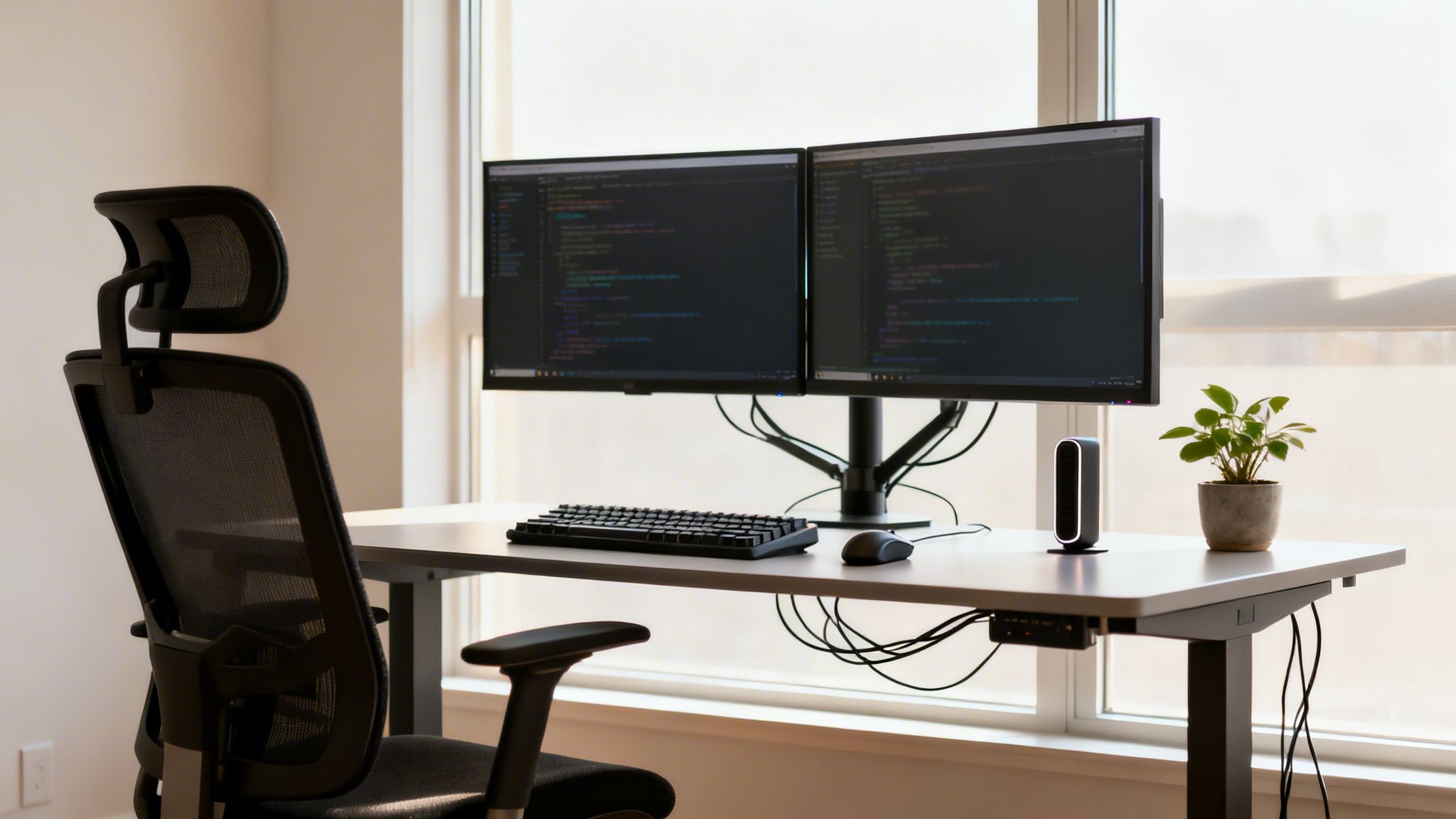 Modernes Home-Office mit Dual-Monitor-Setup, ergonomischem Stuhl und Schreibtisch vor einem hellen Fenster.