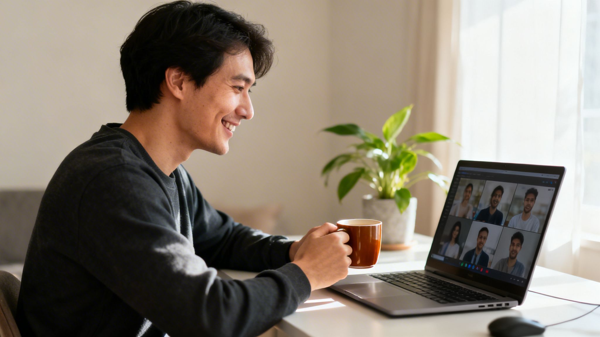 Ein lächelnder Mann sitzt am Schreibtisch, trinkt aus einer Tasse und nimmt an einem Videoanruf teil.