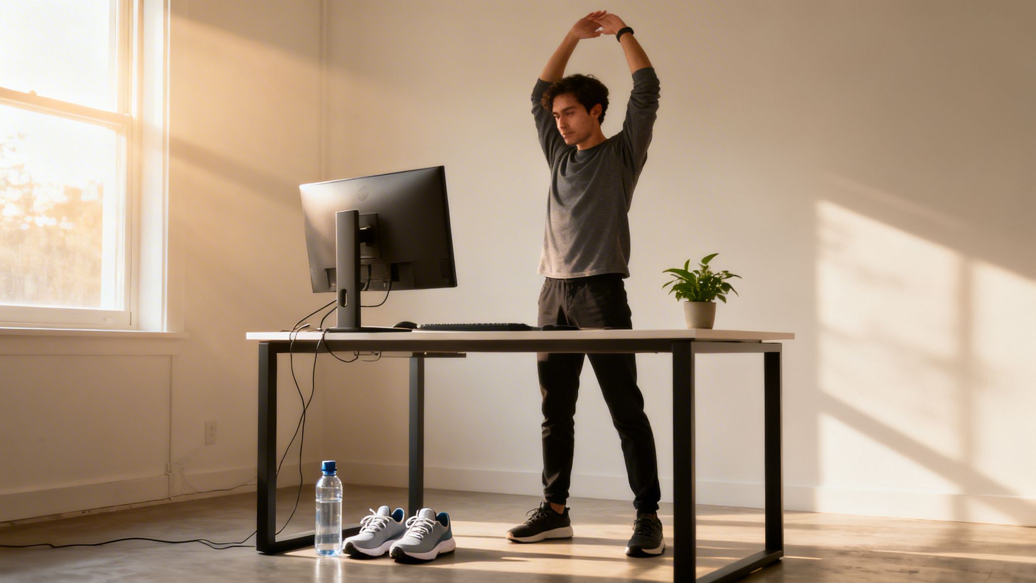 Mann dehnt sich aktiv an einem Stehpult im Heimbüro für mehr Gesundheit und Wohlbefinden.