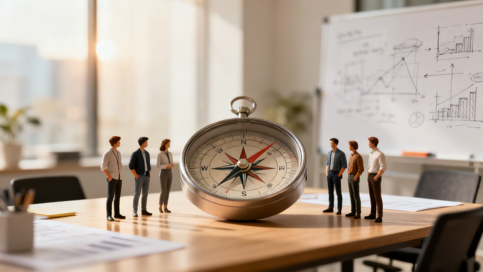Miniatur-Geschäftsfiguren umgeben einen großen Kompass auf einem Besprechungstisch, symbolisierend Strategie und Ziele.