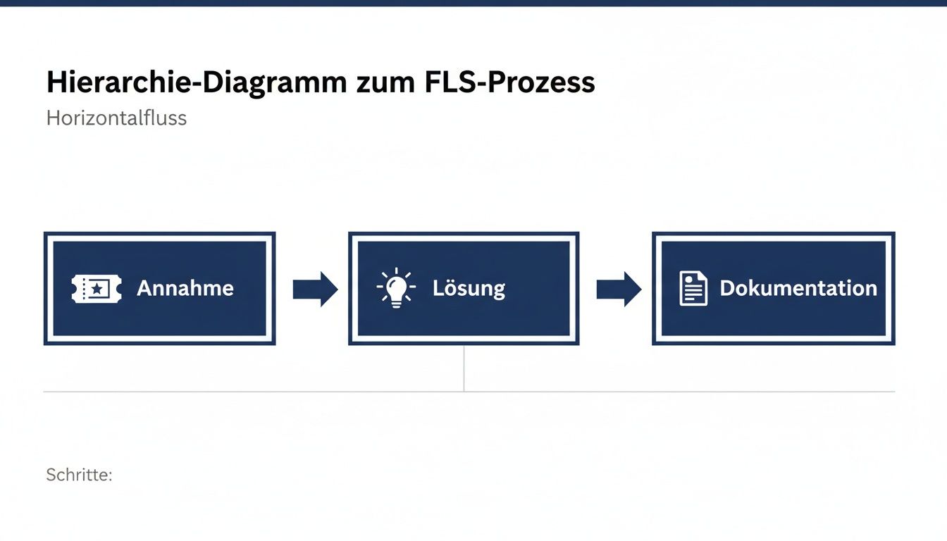 Hierarchie-Diagramm zum FLS-Prozess mit den Schritten Annahme, Lösung und Dokumentation in einem Horizontalfluss.
