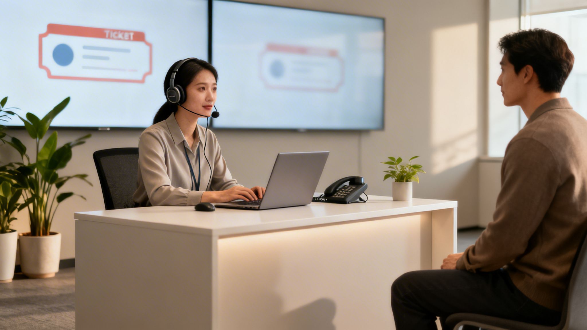 Eine Kundendienstmitarbeiterin mit Headset hilft einem Kunden an einem Schalter, mit Bildschirmen im Hintergrund.