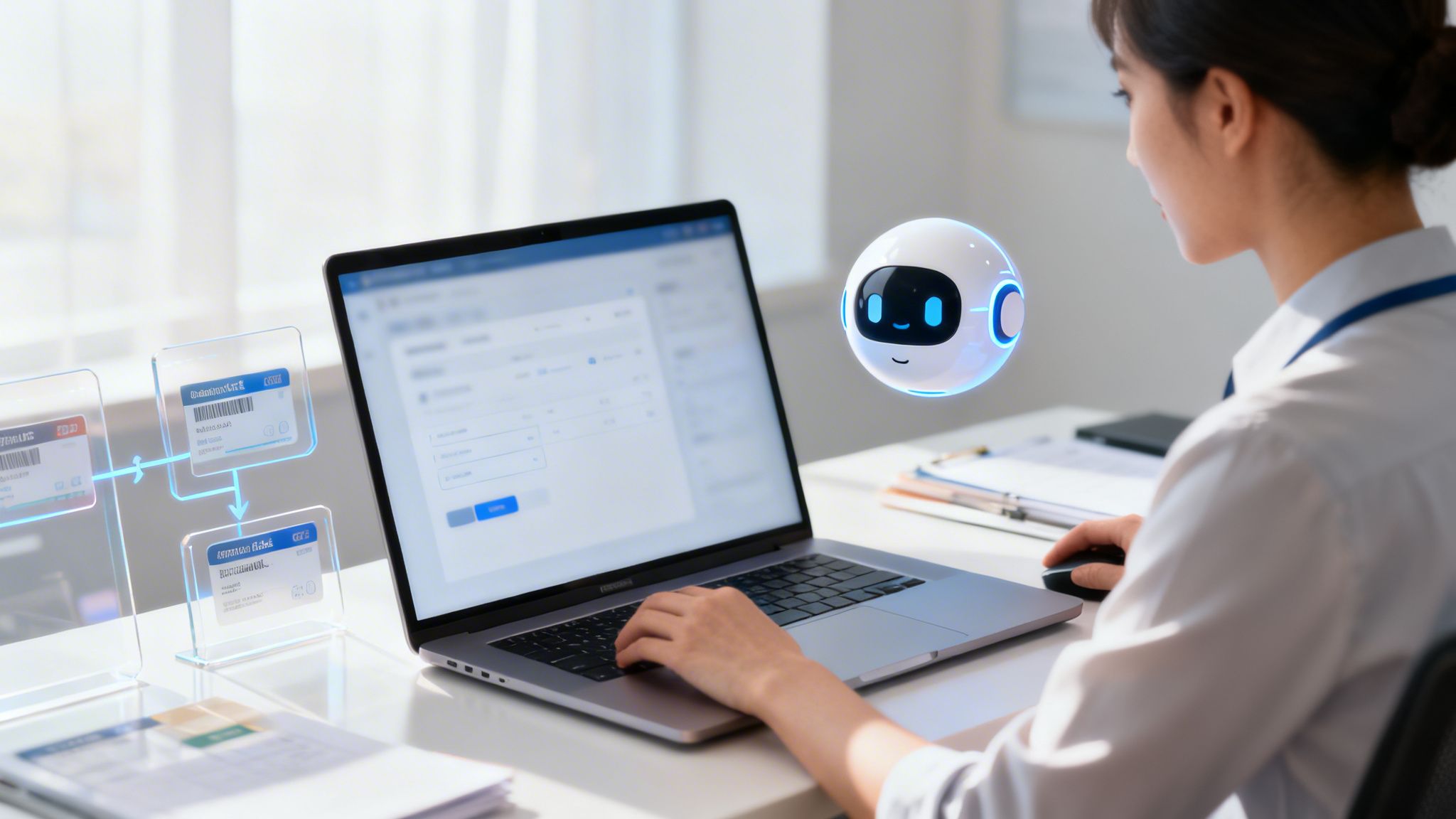 Frau arbeitet am Laptop mit einem KI-Assistenten und visualisierten Datenkarten, die einen Workflow darstellen.