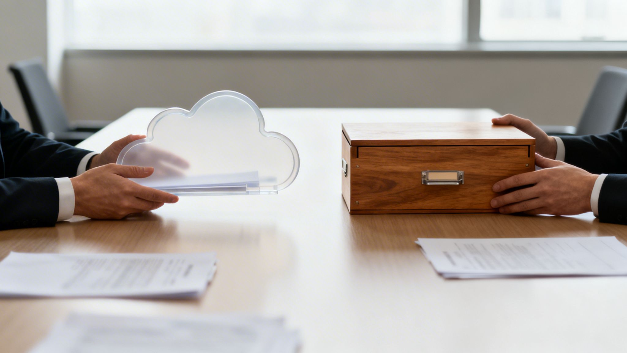 Hände halten eine durchsichtige Cloud und eine Holzbox auf einem Tisch, symbolisiert digitale und physische Speicherung.