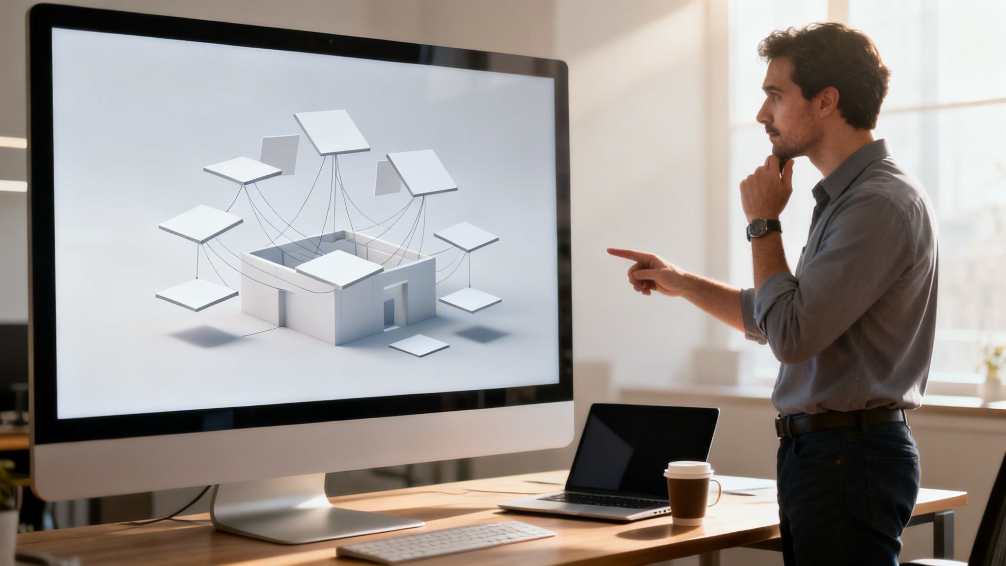Ein Mann zeigt auf einen Monitor mit einer 3D-Grafik einer modularen Systemarchitektur.