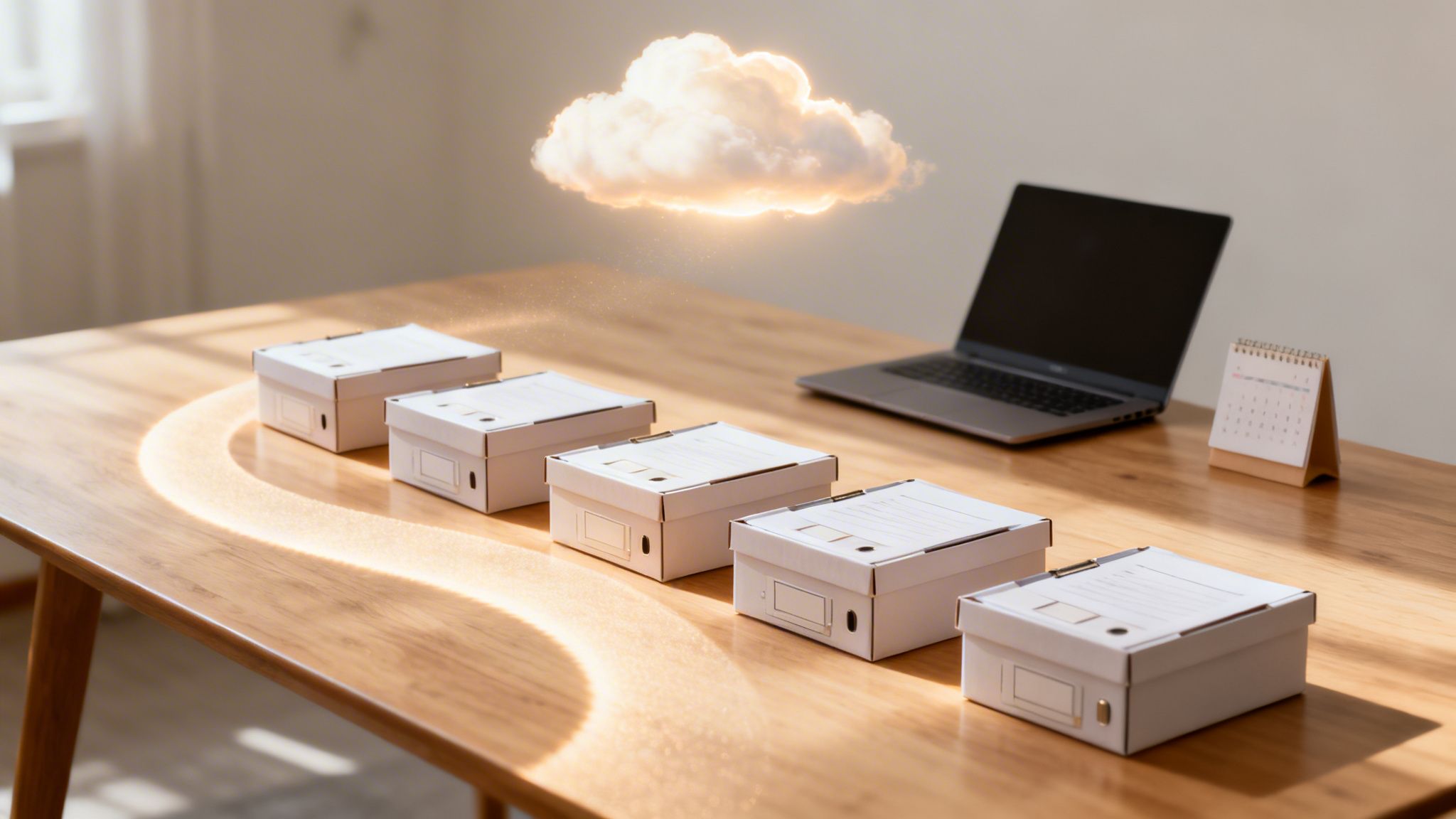 Schreibtisch mit physischen Dokumentenboxen und einer leuchtenden Cloud, die digitale Datenspeicherung symbolisiert, daneben Laptop und Kalender.